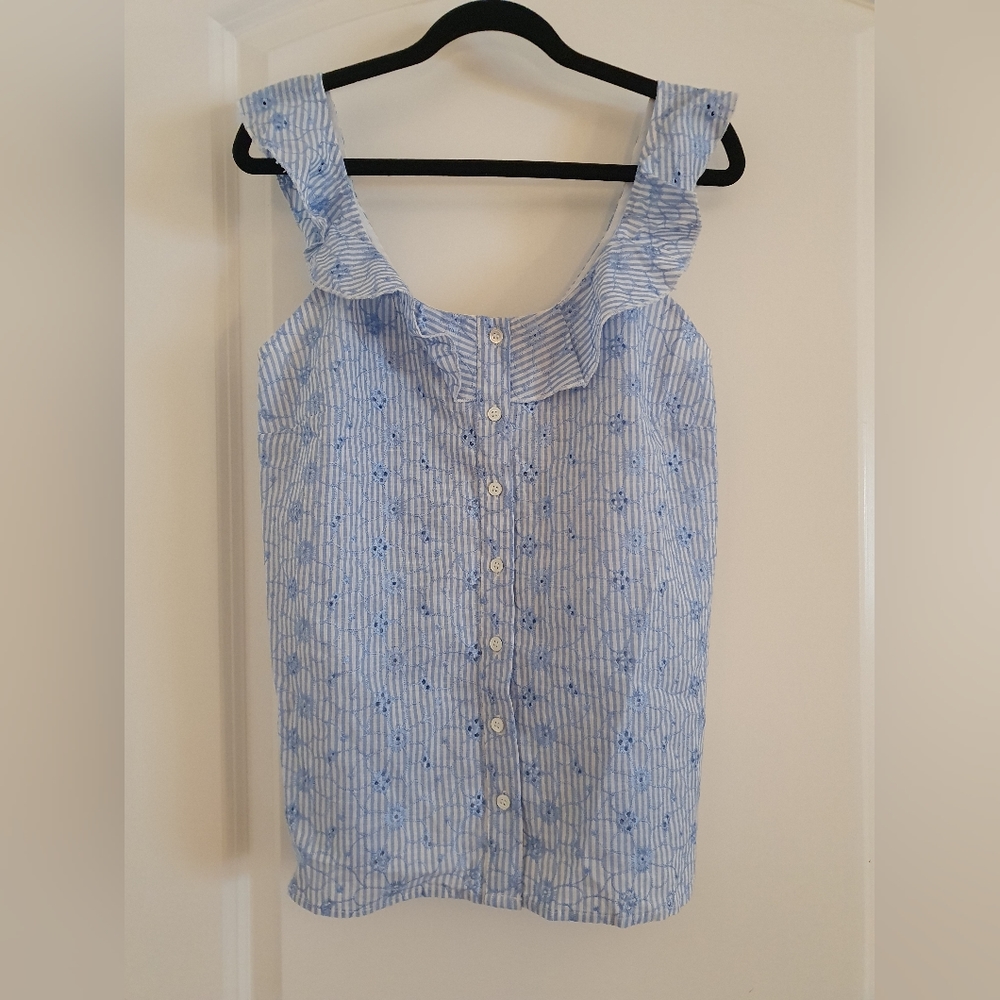 Sezane Light Blue and White Striped Floral Ruffle Tank